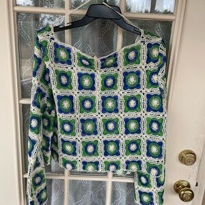 Chelsea & Violet Crochet Lace Top Blue Green Floral XL NWT